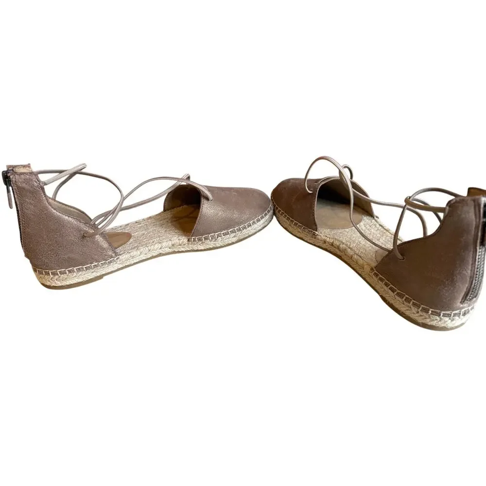 Eileen Fisher Laced Leather Espadrille Flat Sandals Platinum 8.5